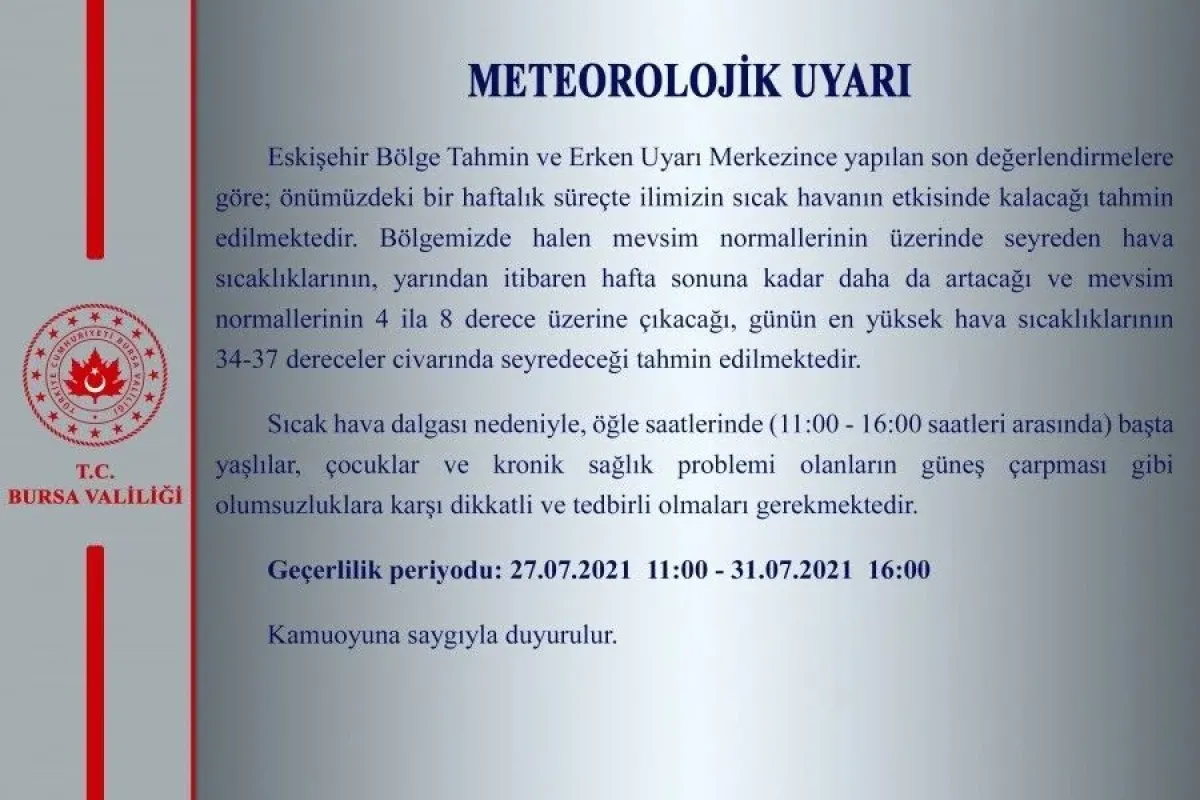 Bursa Valiliğinden kritik uyarı