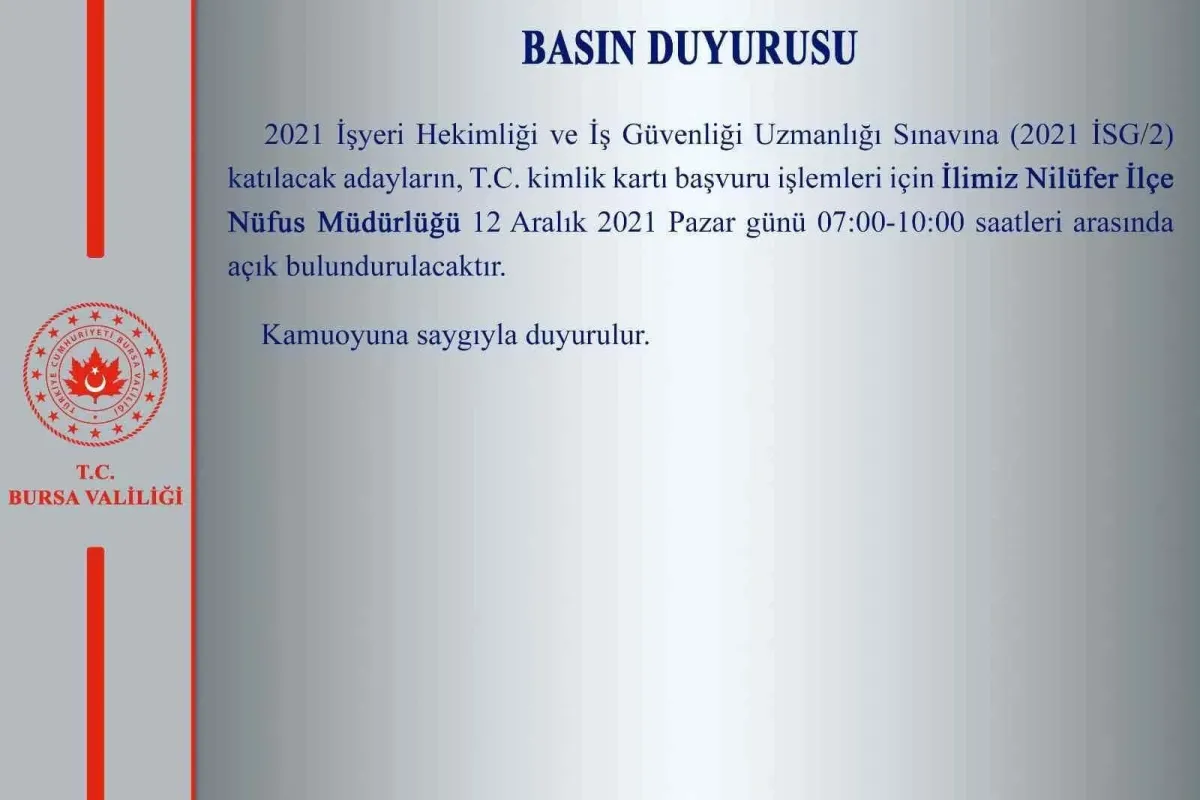 Bursada Nilüfer İlçe Nüfus Müdürlüğü pazar günü de hizmet verecek
