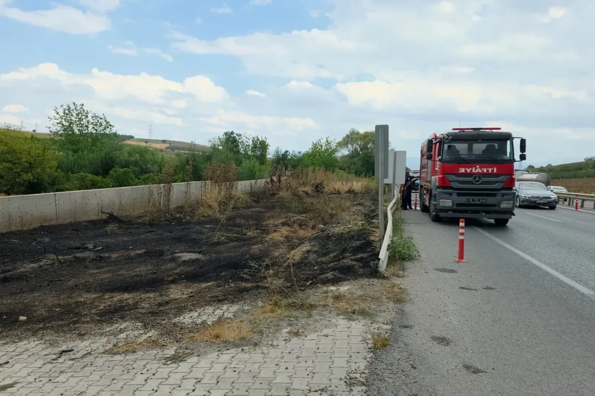 İnegöl’de yol kenarında otlar alev aldı