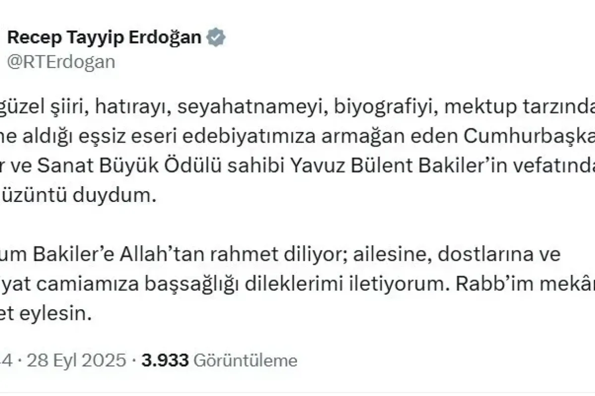 Cumhurbaşkanı Erdoğan, Yavuz Bülent Bakiler'e Başsağlığı Diledi