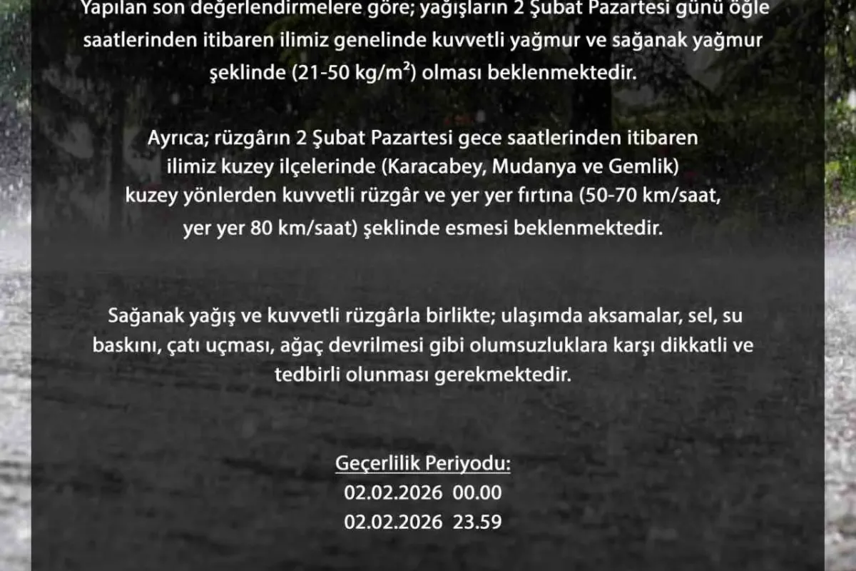 Bursa genelinde kuvvetli sağanak bekleniyor