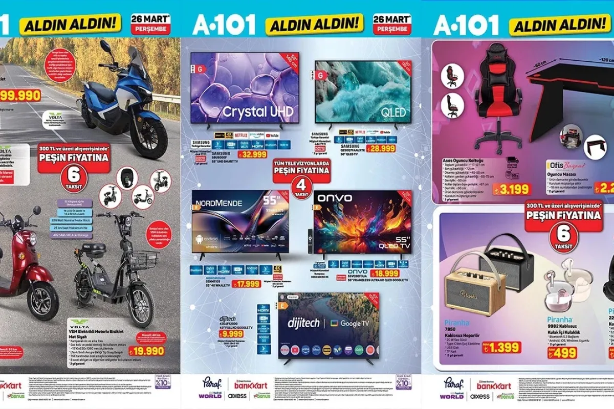 A101 26 Mart 2026 kataloğu: motorlu bisiklet ve TV