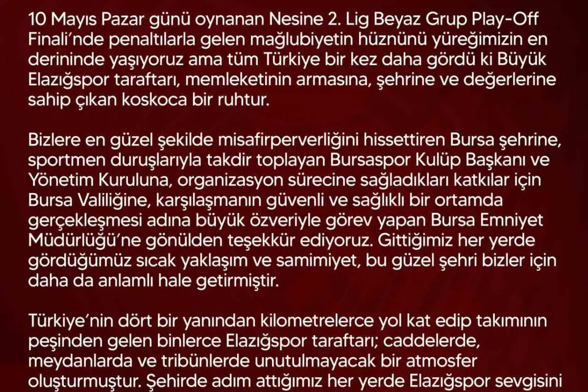 Elazığspor: "Bu büyük camia her defasında küllerinden yeniden doğmasını bilmiştir"