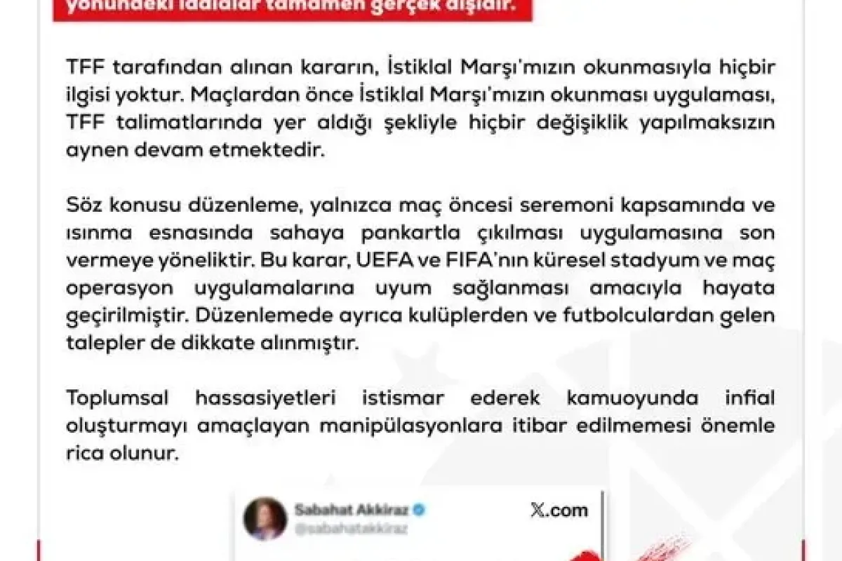 DMM: TFF maçlarda İstiklal Marşı uygulamasını kaldırmadı
