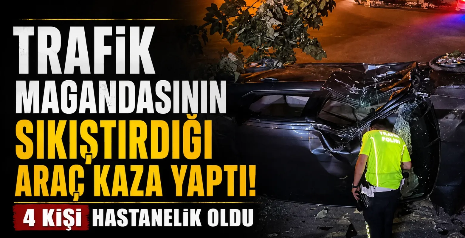 Trafik magandasının sıkıştırdığı araç kaza yaptı! 4 kişi hastanelik oldu