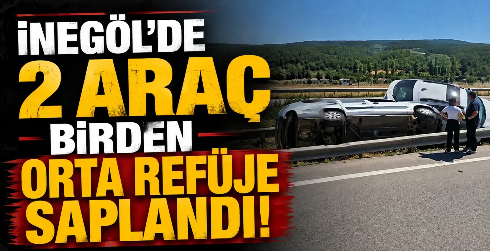 İnegöl'de 2 araç birden orta refüje saplandı!