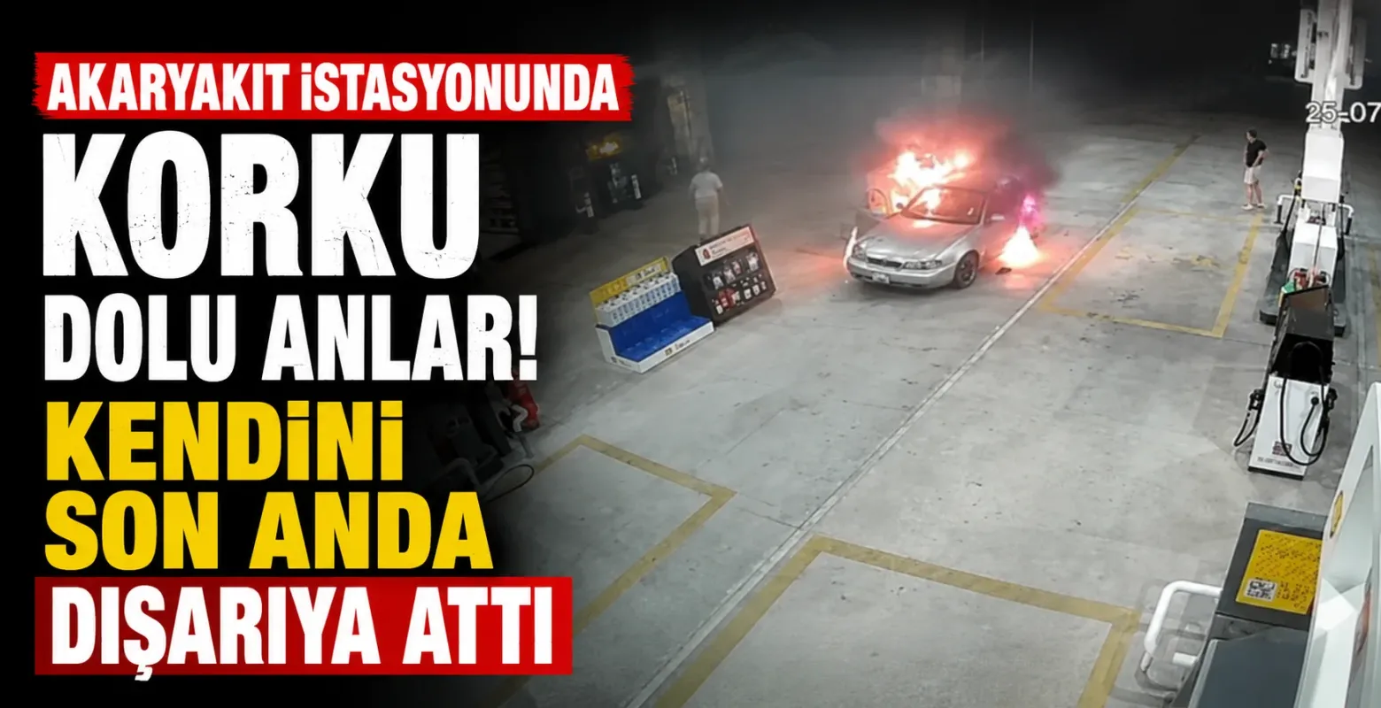 Akaryakıt istasyonunda korku dolu anlar! Kendini son anda dışarıya attı