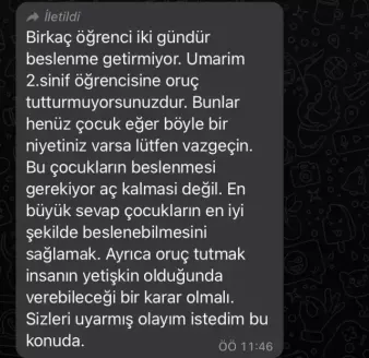 Oruç tutan çocuğun velisine gönderilen mesaj tepki çekti!