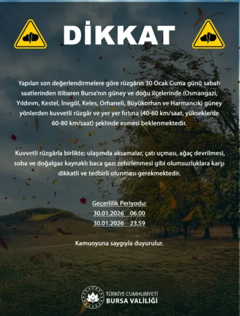 Bursa Valiliği’nden 8 ilçe için fırtına alarmı Bursa Valiliği’nden 8 ilçe için fırtına alarmı