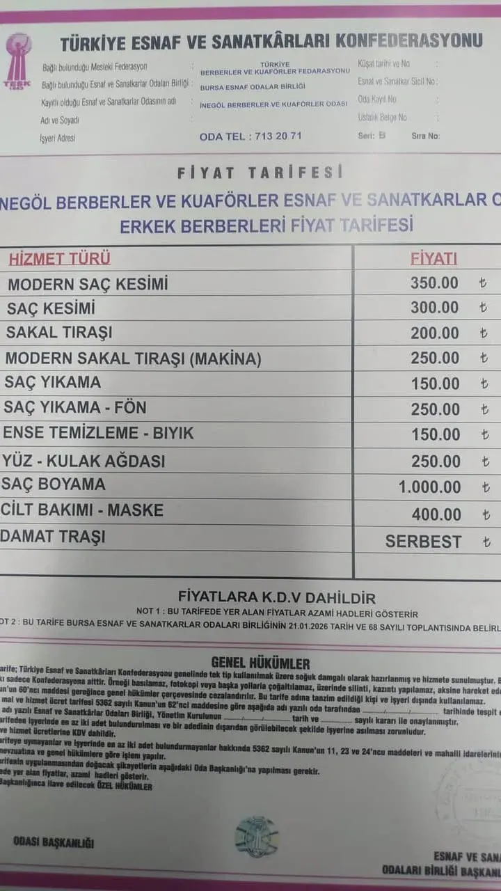 İnegöl'de berber ücretlerine zam geldi!