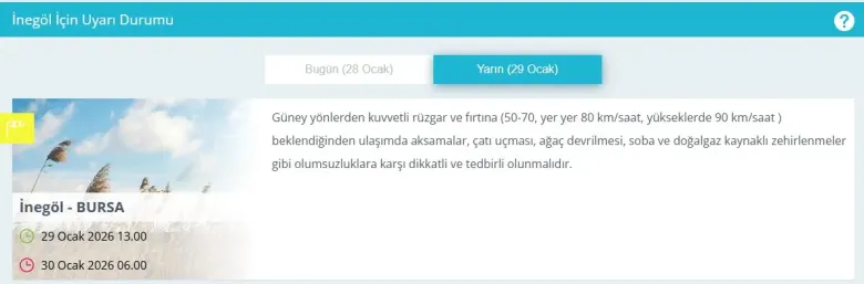 İnegöl için sarı kod uyarısı: Yarın fırtına bekleniyor