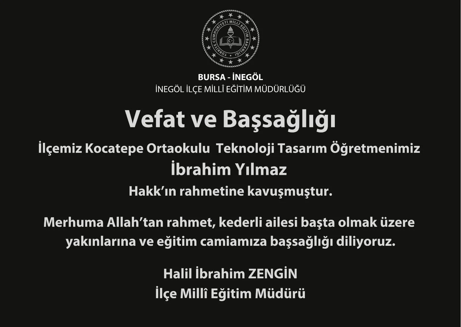 İnegöl eğitim camiasını yasa boğan ölüm!