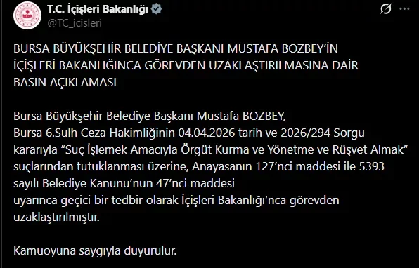 İçişleri Bakanlığı’ndan Mustafa Bozbey için görevden uzaklaştırma kararı İçişleri Bakanlığı’ndan Mustafa Bozbey için görevden uzaklaştırma kararı