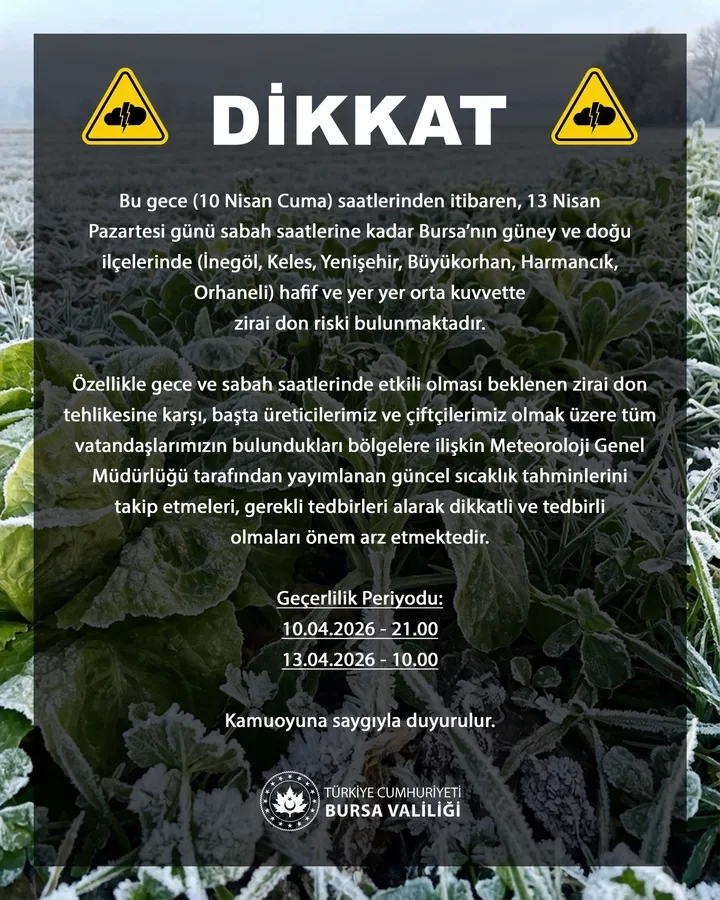 Bursa Valiliği’nden İnegöl'e zirai don uyarısı