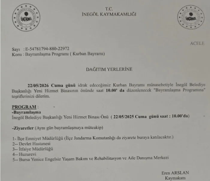 İnegöl Protokol Bayramlaşması Yarın Gerçekleştirilecek