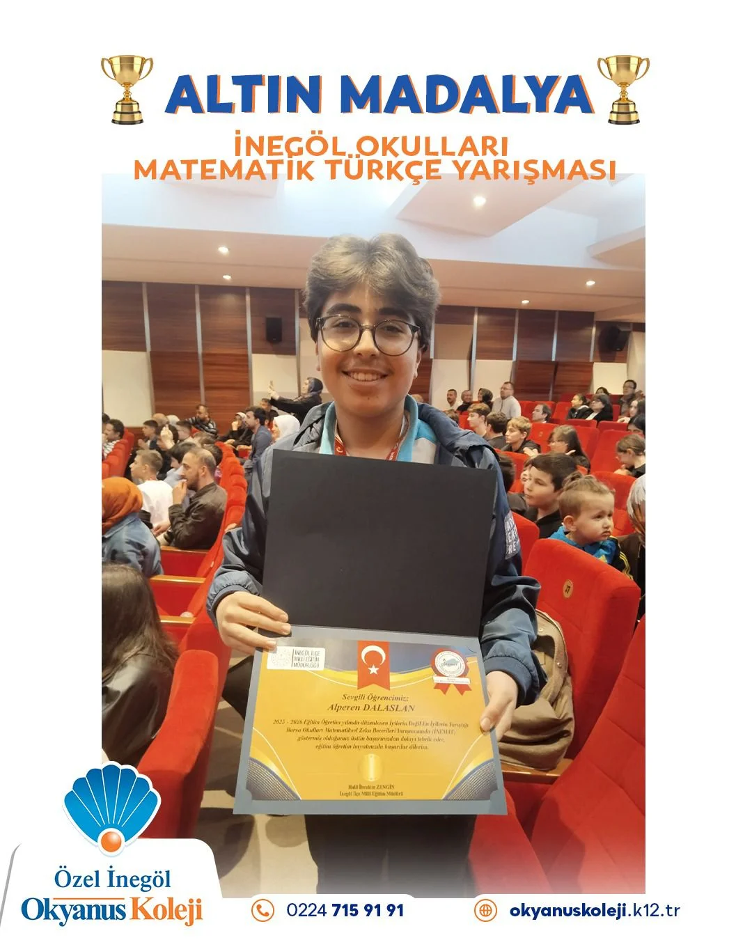 İnegöl'de 7. sınıf öğrencisi Alperen altın madalyanın sahibi oldu