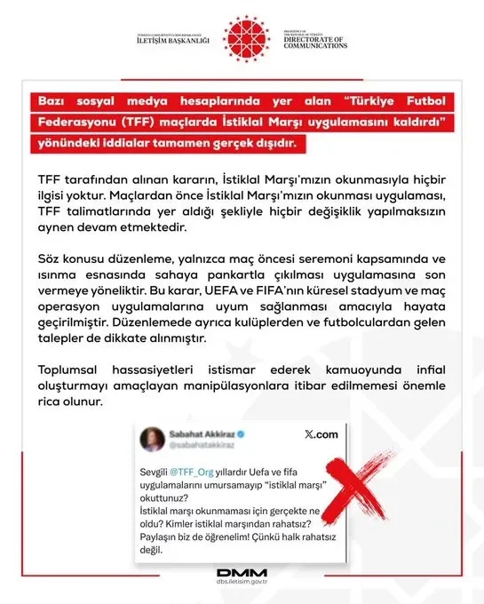 DMM: TFF maçlarda İstiklal Marşı uygulamasını kaldırmadı
