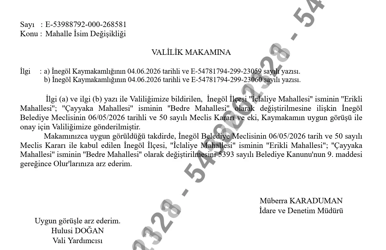 Valilik Onayı Geldi! İnegöl'de İki Mahallenin İsmi Değişti Valilik Onayı Geldi! İnegöl'de İki Mahallenin İsmi Değişti