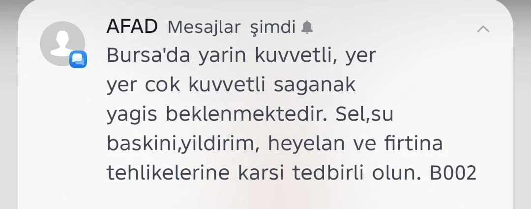 İnegöl'de Telefonlara AFAD Mesajı Geldi! Yarın İçin Uyarı İnegöl'de Telefonlara AFAD Mesajı Geldi! Yarın İçin Uyarı
